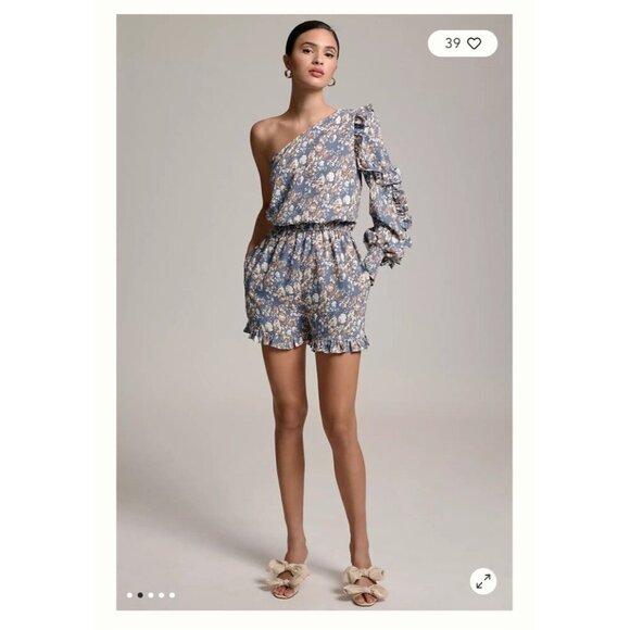 En Saison One Shoulder Floral Print Romper Women's XS Multi Ruffles Anthro - Picture 3 of 16